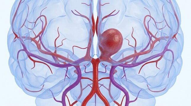 Aneurysm visualized on brain arteries displaying enlarged blood vessel with medical illustration