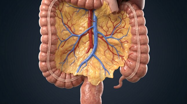 Close up view of human intestines depicting intricate blood vessels and digestive tissue