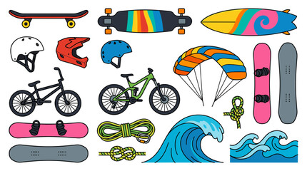 Fototapeta premium Collection of extreme sports equipment and symbols including skateboards snowboards bicycles parachute surfboard and waves for adventure and active lifestyle concepts