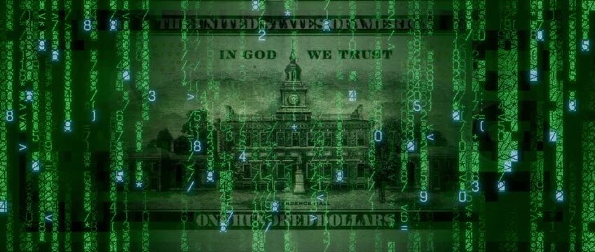 Digital Cash Concept with One Hundred Dollar Bill made from Animated Code. Futuristic Finance Background.