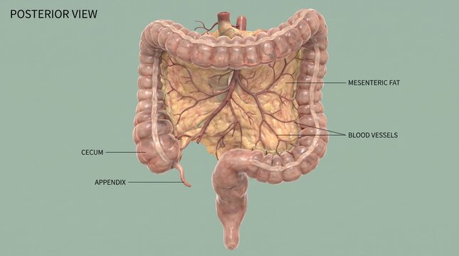 Posterior view of human large intestine showing cecum appendix mesenteric fat and blood vessels