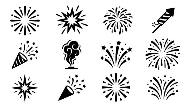 Black firework icons set for celebrations and events design