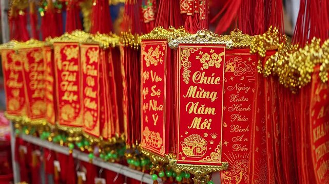 Traditional Vietnamese Lunar New Year decoration close up. Red hanging scrolls with golden Chuc Mung Nam Moi (Happy New Year) calligraphy text at a street holiday market in Nha Trang, Vietnam.