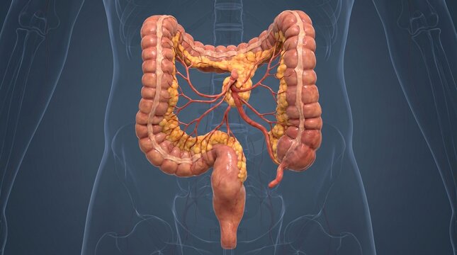 Detailed 3D rendering of the human large intestine and blood vessels within a transparent torso