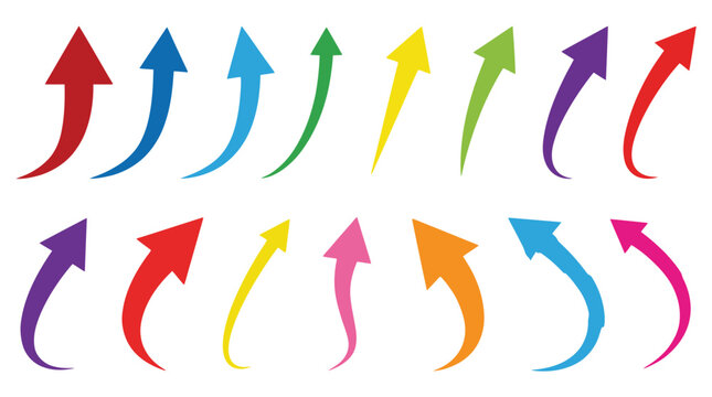 Colorful curved arrows pointing upwards and forwards with multi colored direction movement progress positive illustration collection colorful pointers navigation momentum isolated