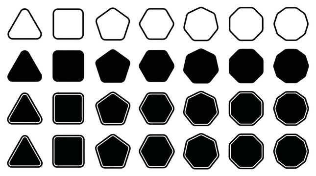 Set of black and white geometric shapes with outlines geometric collection illustration triangle pentagon heptagon background isolated abstract template silhouette