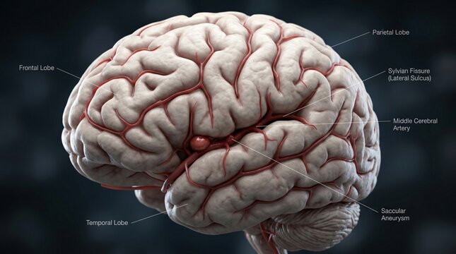 Detailed 3D medical illustration of a human brain with labeled lobes arteries and aneurysm