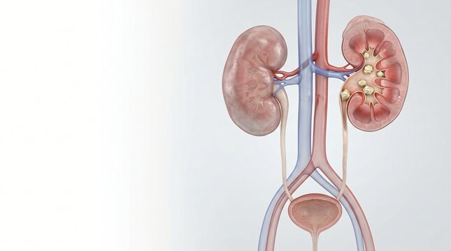 Anatomical illustration of human kidneys ureters bladder and associated blood vessels with kidney stones visible