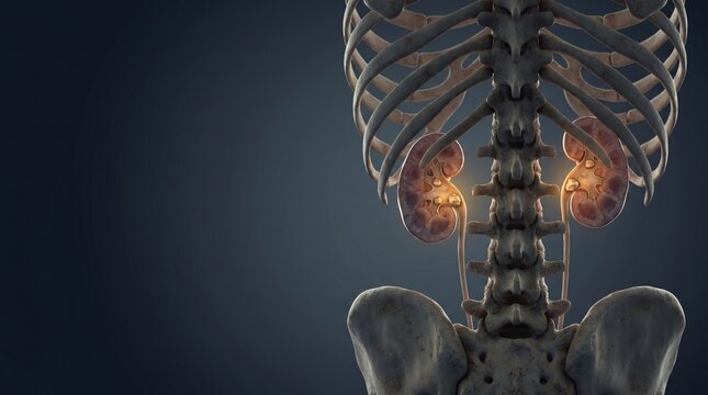 Human kidneys and rib cage anatomy with glowing calcifications inside the organs