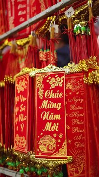 Traditional Vietnamese Lunar New Year decoration close up. Red hanging scrolls with golden Chuc Mung Nam Moi (Happy New Year) calligraphy text at a street holiday market in Nha Trang, Vietnam.