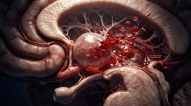 Close up view of a ruptured brain aneurysm sac with bleeding red blood cells and subarachnoid hemorrhage