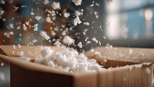 Packing peanuts falling into a cardboard box for shipping and protection.