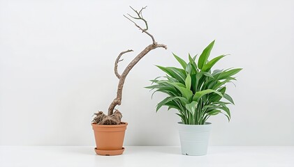 Fototapeta premium Conceptual contrast between dead plant and perfect green plastic plant