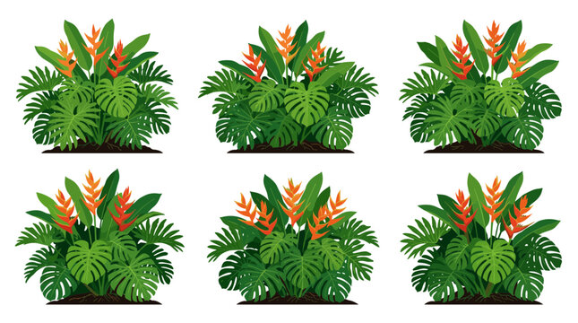 Vibrant tropical foliage with lush green leaves and exotic orange heliconia flowers arranged in six distinct clusters for decorative or design purposes