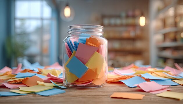 Colorful sticky notes overflow from a jar, scattered on a wooden table