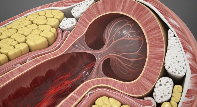Detailed cross section of human tissue showing blood vessels adipose cells and bone structure