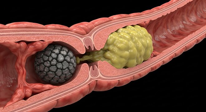 3D illustration showing a cross section of the colon with a dark grey fecal impaction and a large yellow tumor