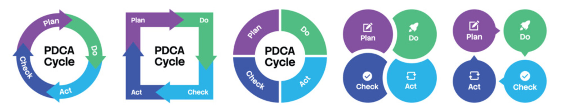 PDCA cycle diagram collection in flat design style isolated on white. Plan, Do, Check, Act infographic templates featuring circular flows, square arrows, and process loop steps.