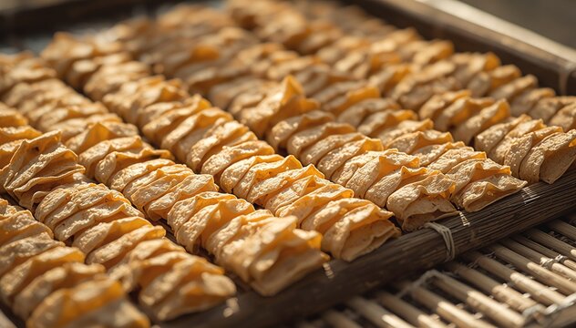 Traditional raw Indonesian shrimp crackers kerupuk drying under sun