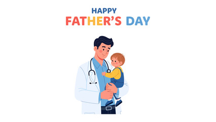 Fototapeta premium Doctor Dad's Delight: A caring doctor, dressed in a white coat and stethoscope, embraces his young child on Father's Day, celebrating fatherhood and medical profession.