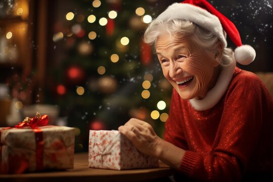 Elderly woman laughing excitedly while unwrapping a present during the holiday season