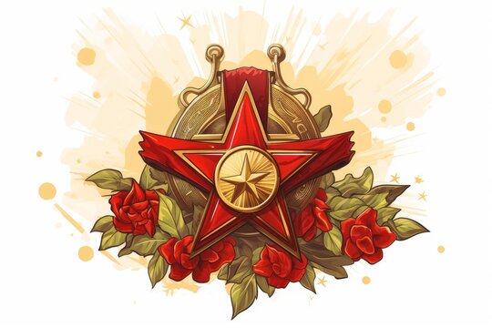 Red star medal symbolizing military award, honor, and victory with roses