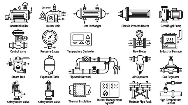 Industrial Process Equipment and Control Elements Line Icons Set: Boiler, Burner, Heat Exchanger, Pump, Valves, Sensors, and Piping Network on an Isolated White Background.