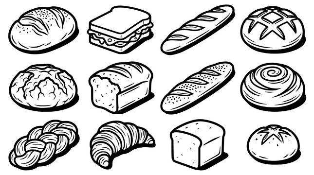 Various types of bread and baked goods illustrated