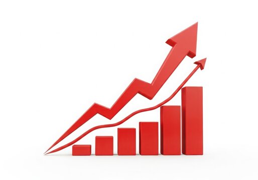 Growing upward red arrow chart with bar graph