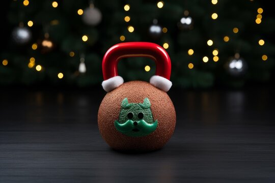 Kettlebell decorated with a santa hat and a grinch like face representing holiday fitness