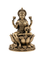 Fototapeta premium hindu god Laxmi mata statue, Miniature Laxmi mata idol in brass, front-facing, transparent PNG 