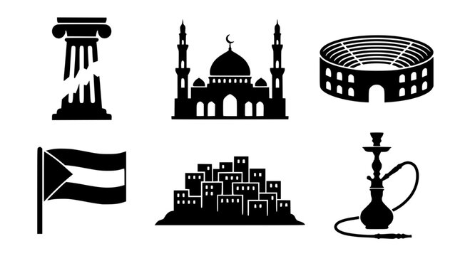Various cultural landmarks and symbols in black silhouette style