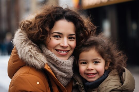 Mother and daughter embracing, sharing a happy moment outdoors during winter