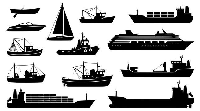 Various types of boats and ships in black silhouette form