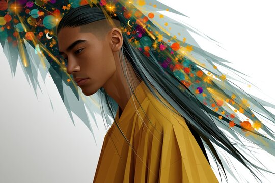 Profile portrait of a young person with long flowing hair and colorful cosmic elements for surreal background and banner design