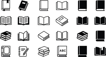 Set of book icons including open books stacks notebooks and education symbols in solid and outline styles