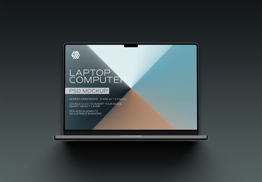 Silver Laptop with Large Shadow Isolated on Black Mockup
