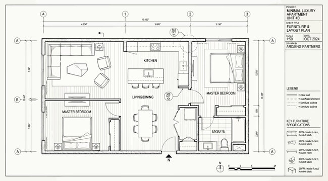 Furniture and layout plan for minimal luxury apartment unit 4b