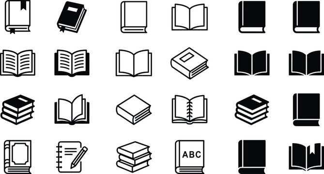 Set of book icons including open books stacks notebooks and education symbols in solid and outline styles