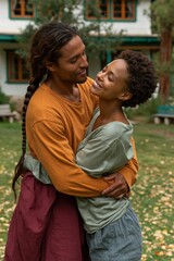 Fototapeta premium Couple embracing in a leafy backyard during autumn for romantic portrait background and lifestyle banner