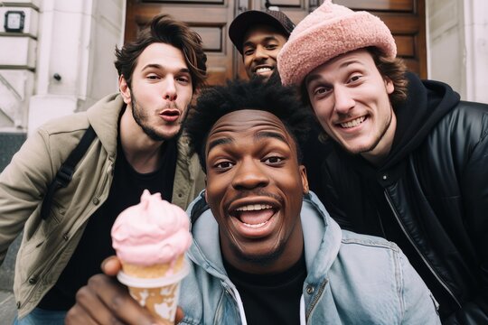 Group of diverse men smiling and holding an ice cream cone outdoors