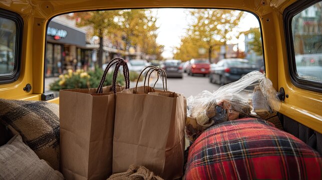 Tailgate view of shopping bags and blankets in a vehicle, autumn street scene