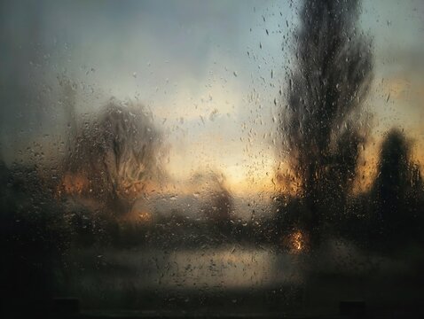 soft, hazy sunset light filters through a wet window, creating silhouettes of trees and a misty landscape.