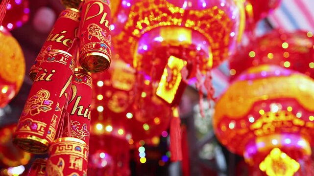 Traditional Vietnamese Tet holiday decoration close up. Red firecracker garland with Phuoc text and glowing paper lanterns at a festive street market during Lunar New Year in Nha Trang, Vietnam.