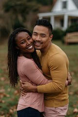 Obraz premium Affectionate interracial couple hugging outdoors near house for romantic portrait background banner and relationship lifestyle design