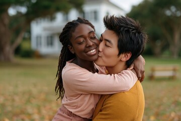Obraz premium Joyful interracial couple embrace and kiss in front of house for warm romantic portrait background and lifestyle banner design