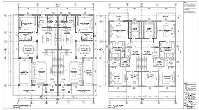 Architectural floor plan for luxury duplex units a and b
