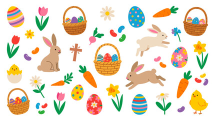 Naklejka premium Charming Easter illustration with cute bunnies, painted eggs, chicks, carrots, and tulips on a white background, perfect for spring celebrations and festive designs
