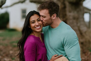 Obraz premium Happy smiling couple with man kissing woman on cheek for romantic lifestyle portrait and relationship banner design