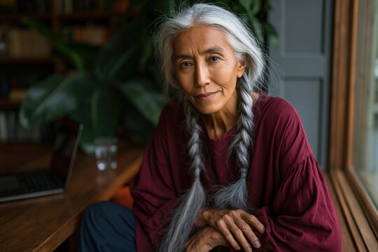 Older woman with long gray braided hair seated by a window wearing a burgundy blouse for intimate indoor portrait and lifestyle image